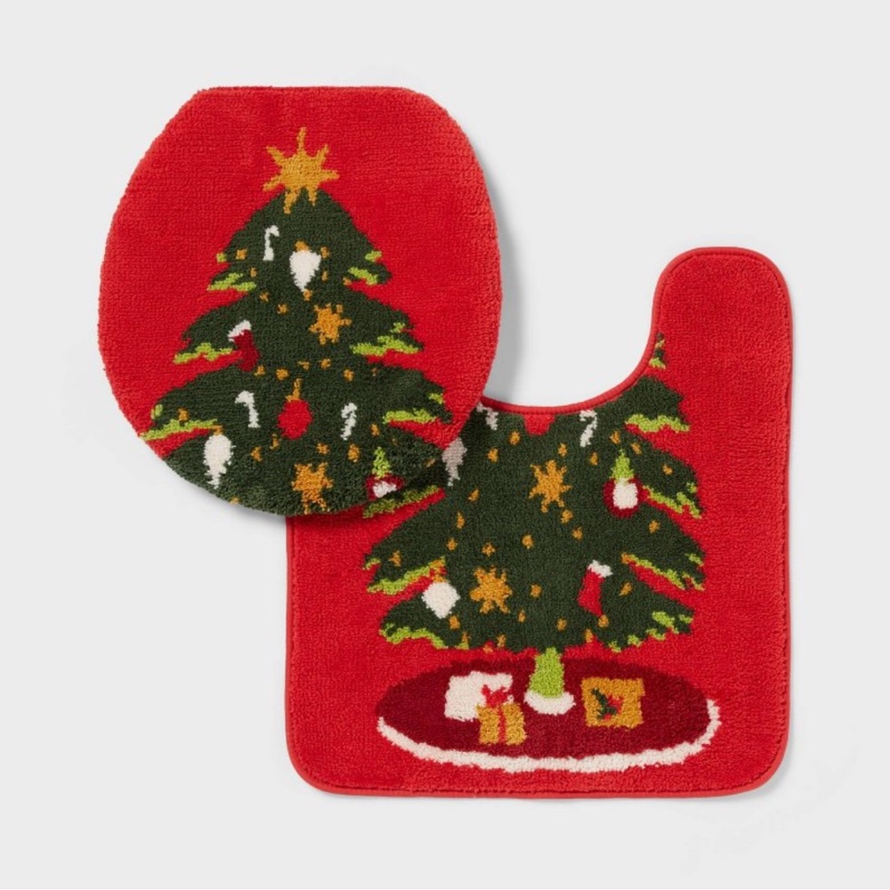 NEW Wondershop 2 Pc Christmas Tree Toilet Lid Cover & Contour Rug Set